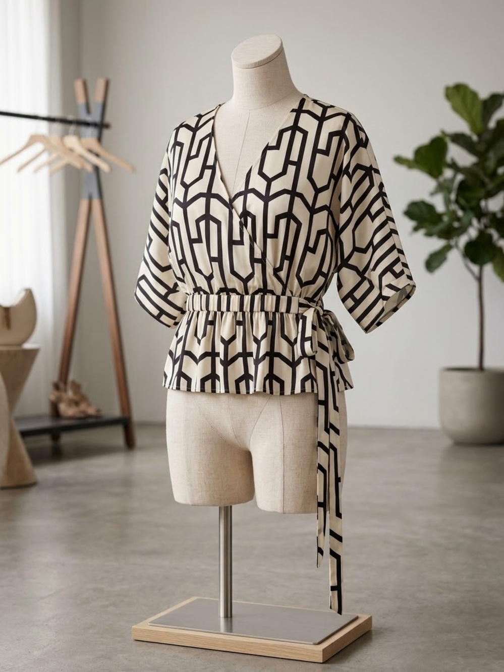 Marc New York Women's Large Black & Cream Geometric Wrap Peplum Blouse Top